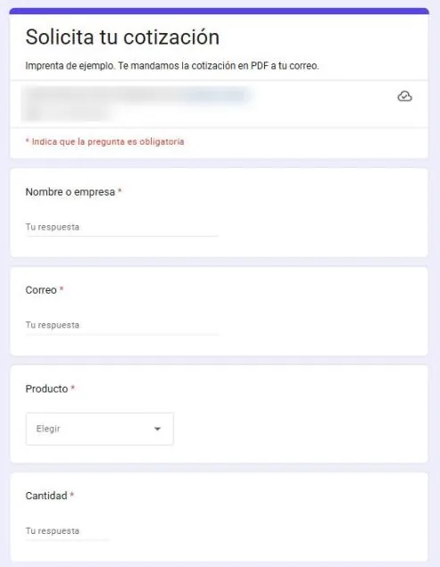 Formulario de Google para solicitar cotización con nombre, correo, producto y cantidad