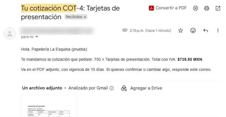 Correo recibido por el cliente con la cotización COT-4 en PDF adjunta