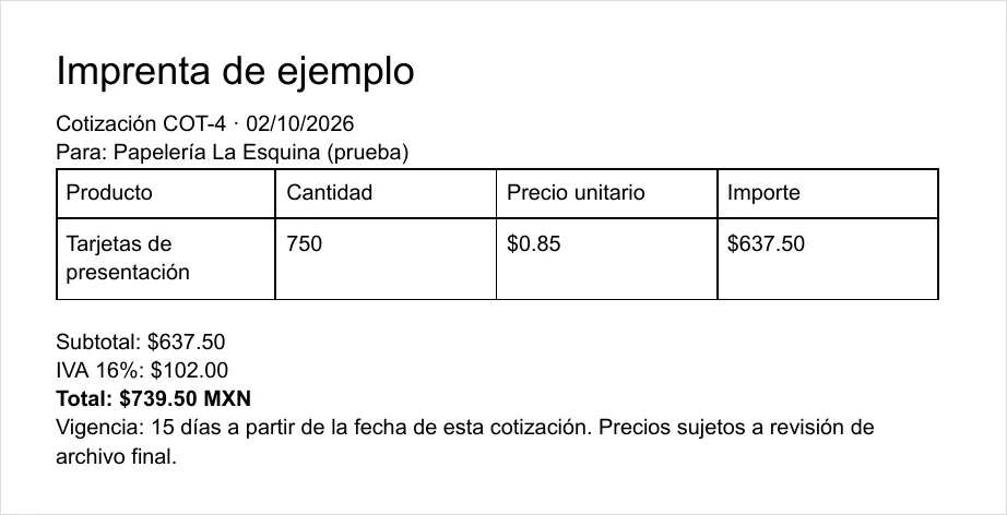 PDF de la cotización COT-4 para 750 tarjetas de presentación con total de 739.50 pesos