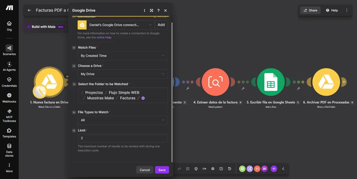 Configuración del módulo Watch Files in a Folder, con la carpeta seleccionada y el límite en 2