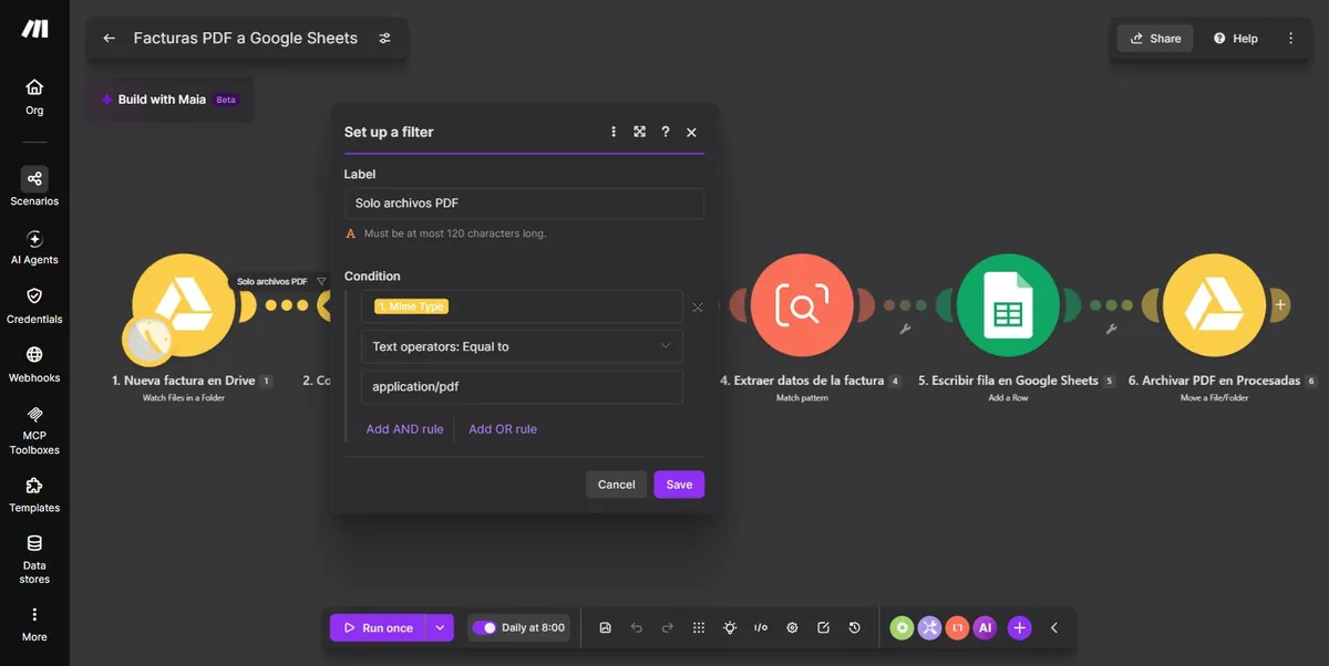 Filtro con la condición Mime Type igual a application/pdf