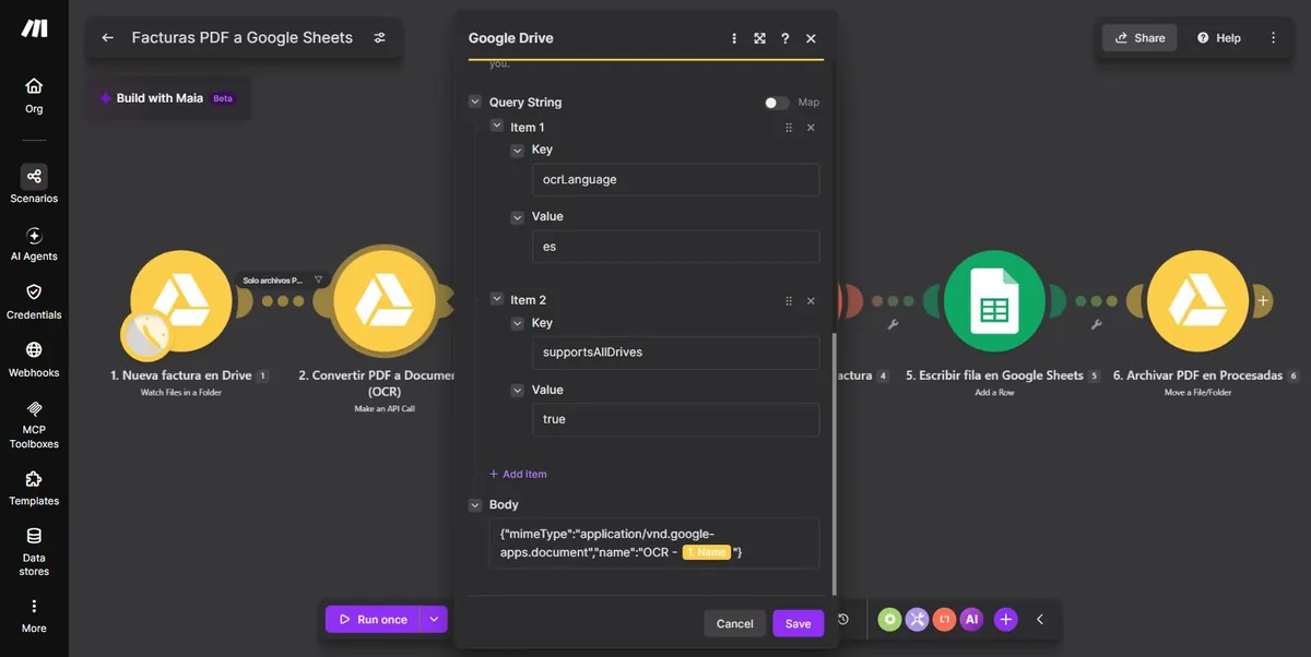 Configuración de la llamada a la API de Drive: parámetro ocrLanguage en es y cuerpo con el mimeType de Documento de Google