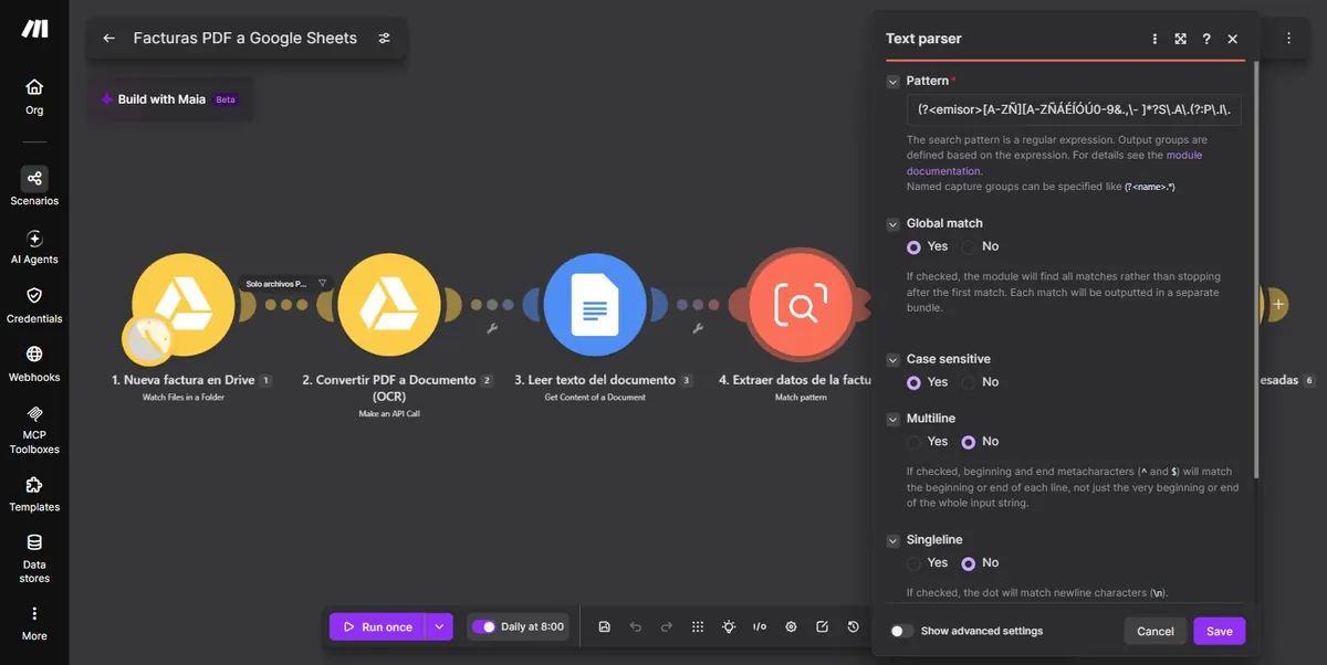 Módulo Text parser de Make con la expresión regular y la opción Global match activada