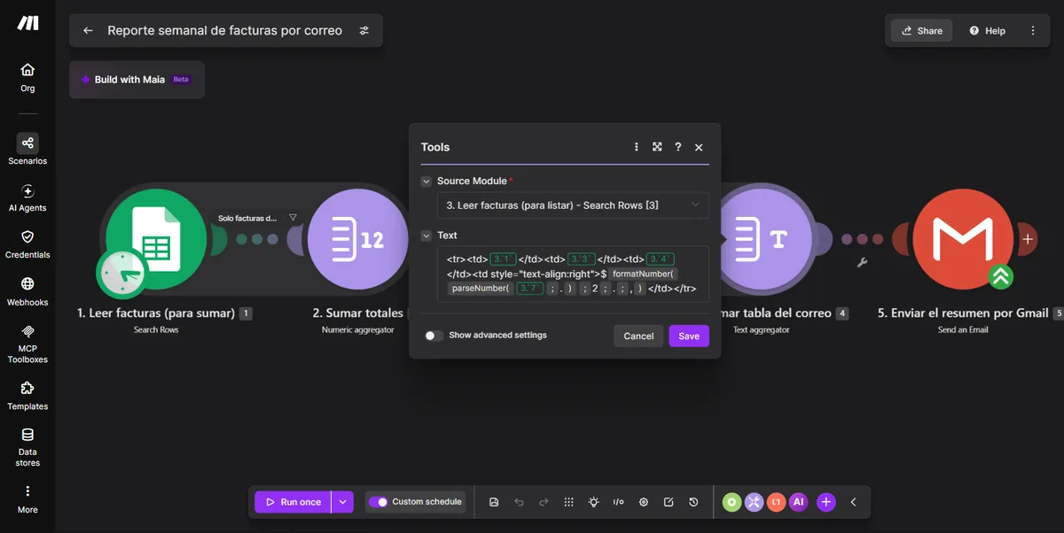 Agregador de texto de Make.com que arma una fila de tabla HTML por factura