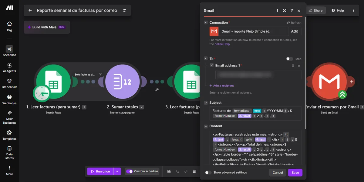 Módulo Send an Email de Gmail en Make.com con el asunto y el cuerpo del correo